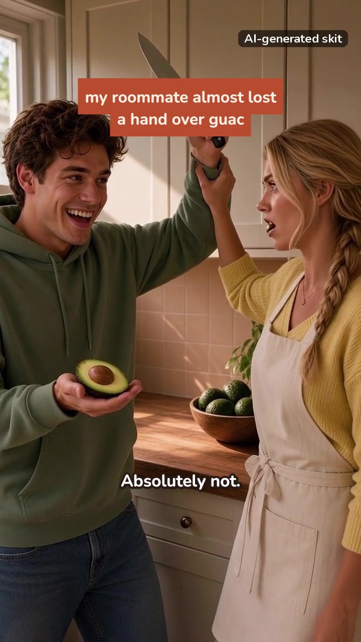 Still from The Avocado Incident: Dex holding an avocado and a knife while Kit stops him